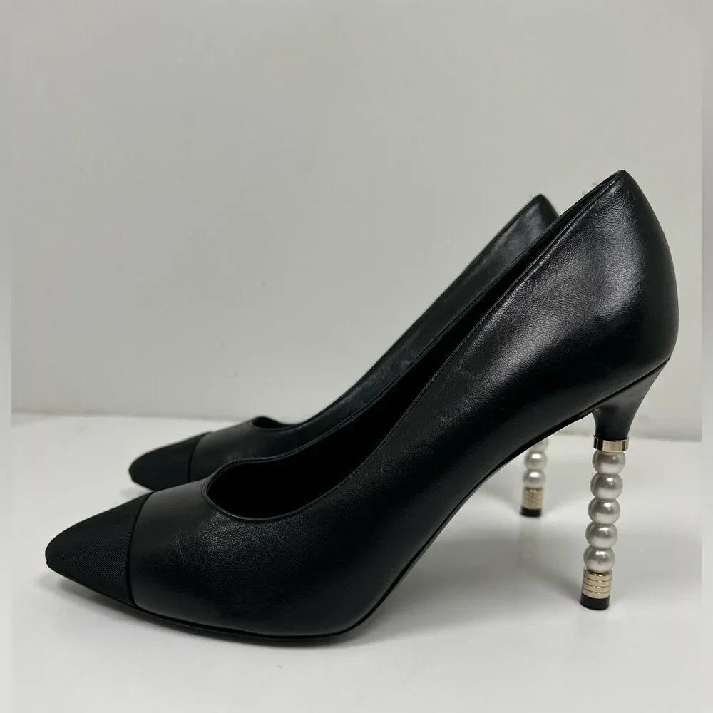 CHANEL Lambskin Grosgrain Cap Toe Pearl Pumps 39.5 Black